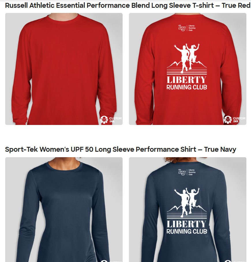 Front and back views of red and navy long sleeve performance shirts featuring Liberty Running Club logo and design.