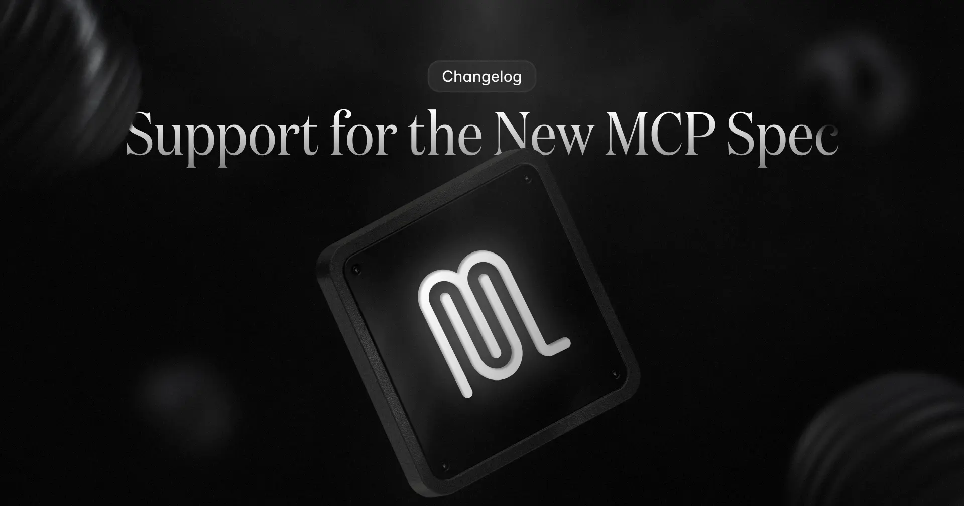 A dark, square icon with a white, stylized "m" logo is displayed on a black background, with the text "Support for the New MCP