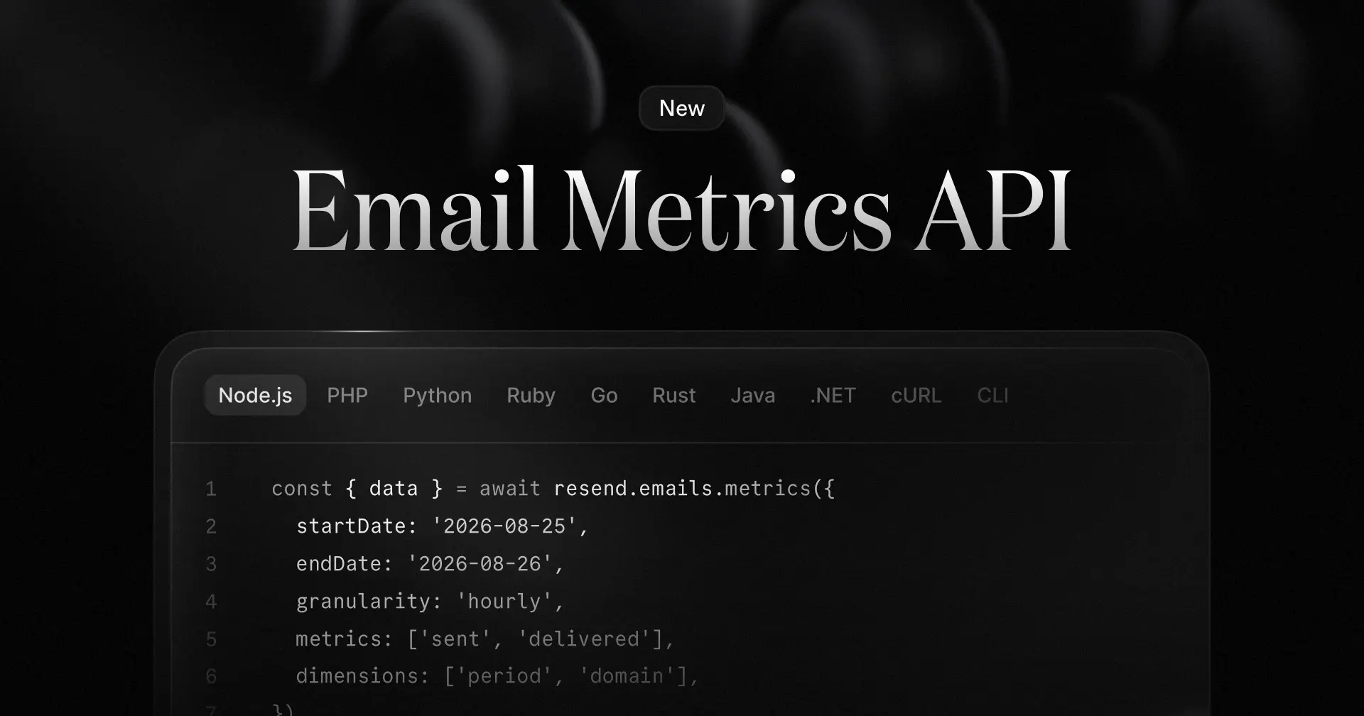 A screenshot shows the "Email Metrics API" title with code snippets and programming language options like Node.js, PHP, and Python.