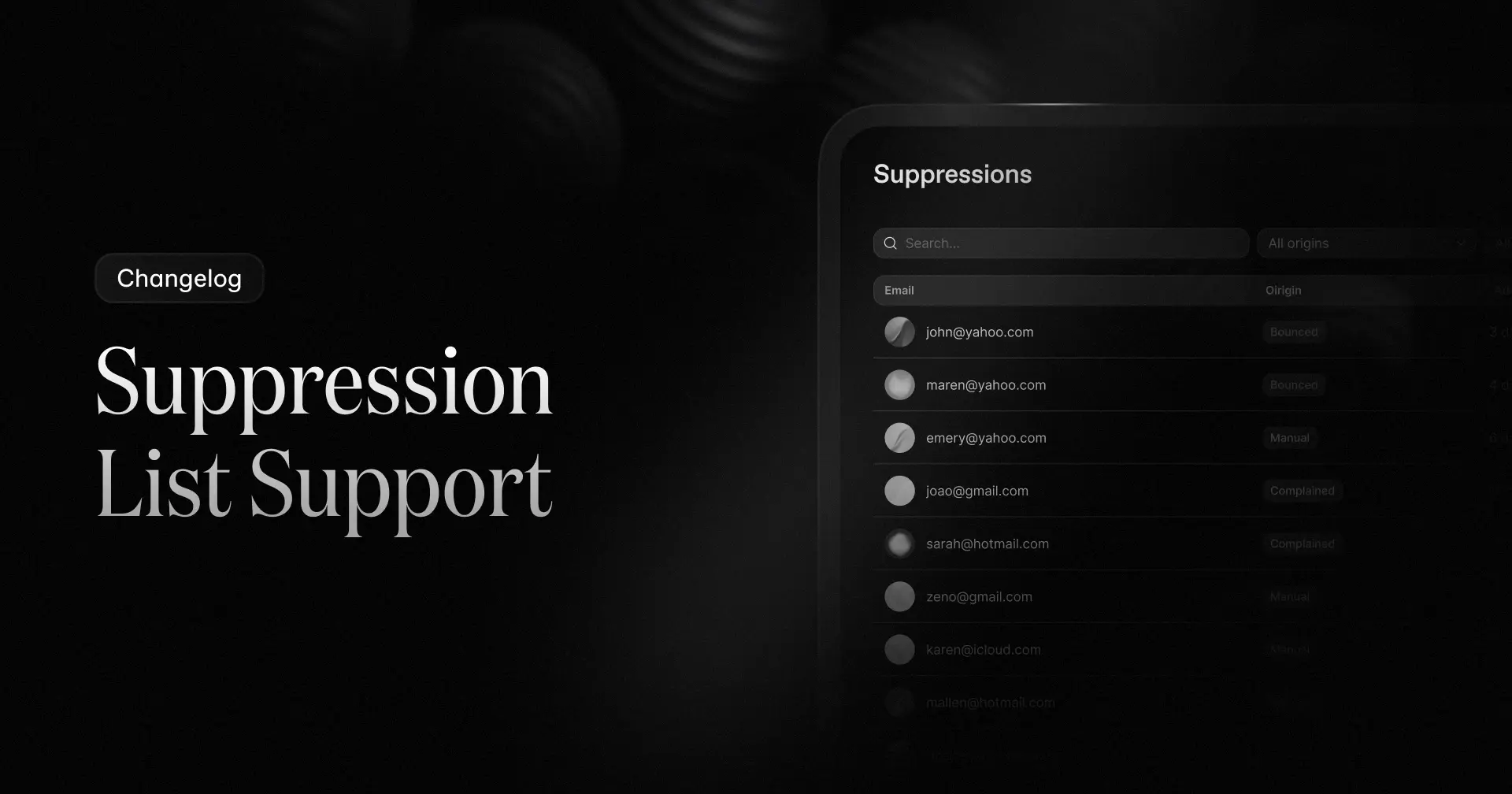 A screenshot displays a "Suppressions" list with email addresses and their origins, alongside a "Changelog" section with the title "Suppression