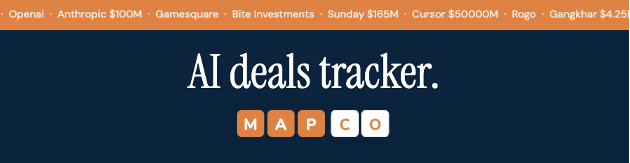 AI deals tracker dashboard header with MAPCO logo on dark blue background.