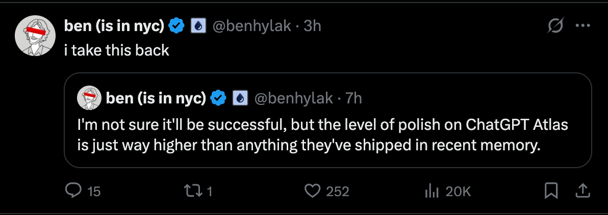 A tweet showing a user retracting a previous statement about the polish of ChatGPT Atlas