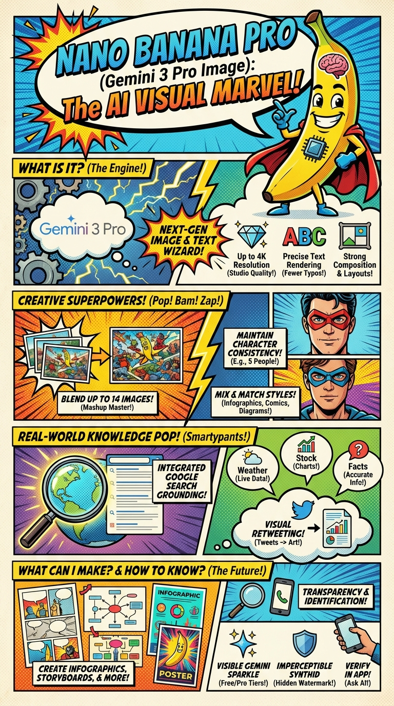 A colorful, comic book-style infographic showcasing the capabilities of Nano Banana Pro, a new AI image generation model with superhero
