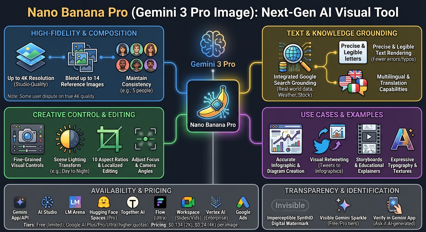Infographic detailing the features and capabilities of Nano Banana Pro, a next-generation AI image generation and editing tool powered by Gem