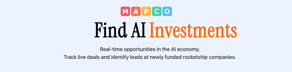 MapCo platform interface showing "Find AI Investments" with tagline about real-time opportunities in the AI economy.
