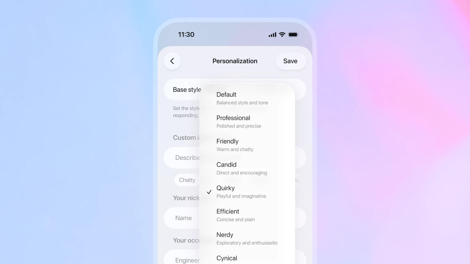 Mobile app personalization screen showing different tone and style options for AI interactions, with "Quirky" currently selected as the base style.