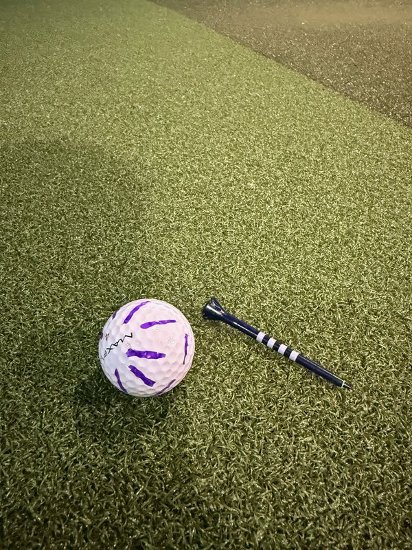 A marker-covered golf ball and a sharp tee on the turf