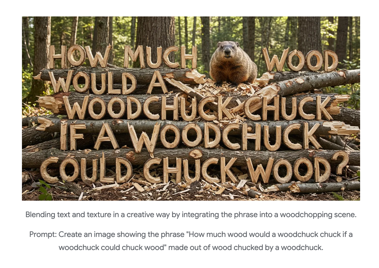 A woodchuck sitting among wooden letters spelling out the tongue twister "How much wood would a woodchuck chuck if a woodchuck coul
