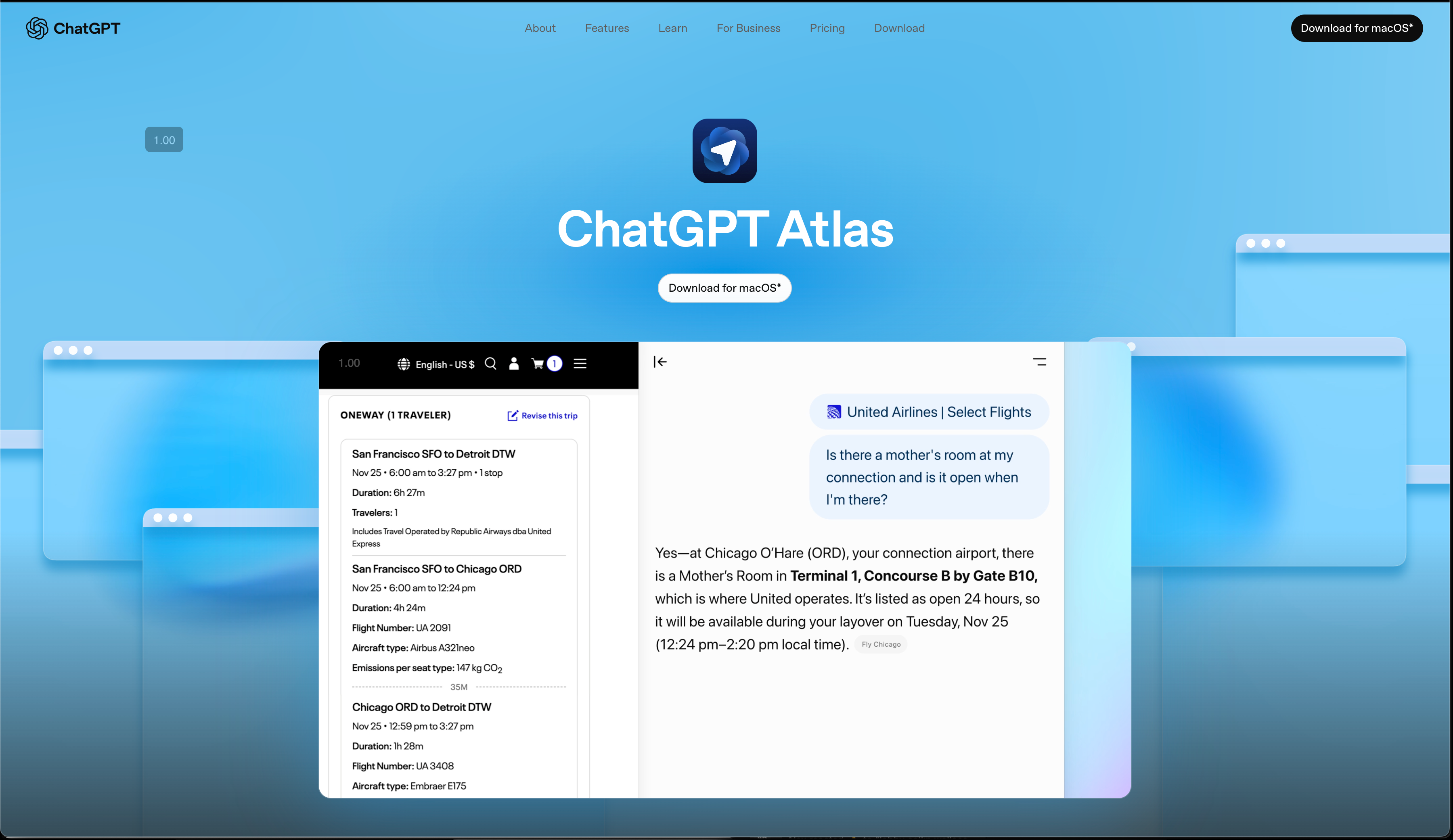 ChatGPT Atlas browser homepage with blue background and browser interface showcasing a flight booking details screen