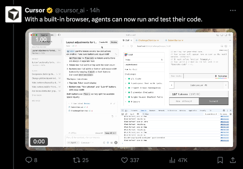 Cursor 2.0 launch screenshot showing a built-in browser for agents to run and test their code