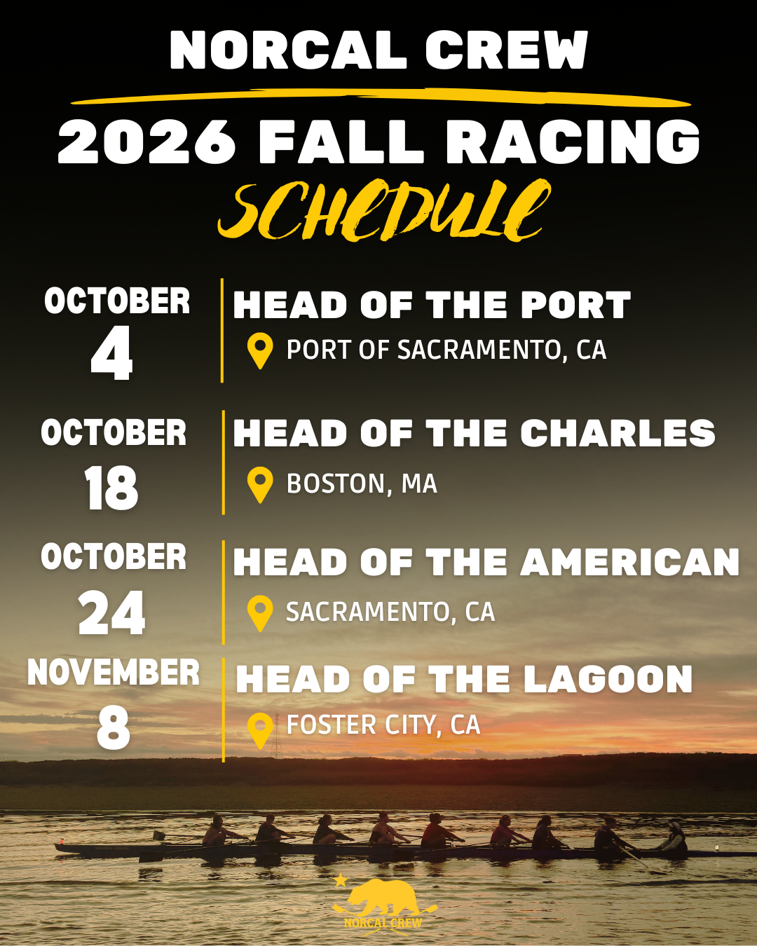 NorCal Crew's 2026 Fall Racing Schedule lists events in Port of Sacramento, Boston, Sacramento, and Foster City.