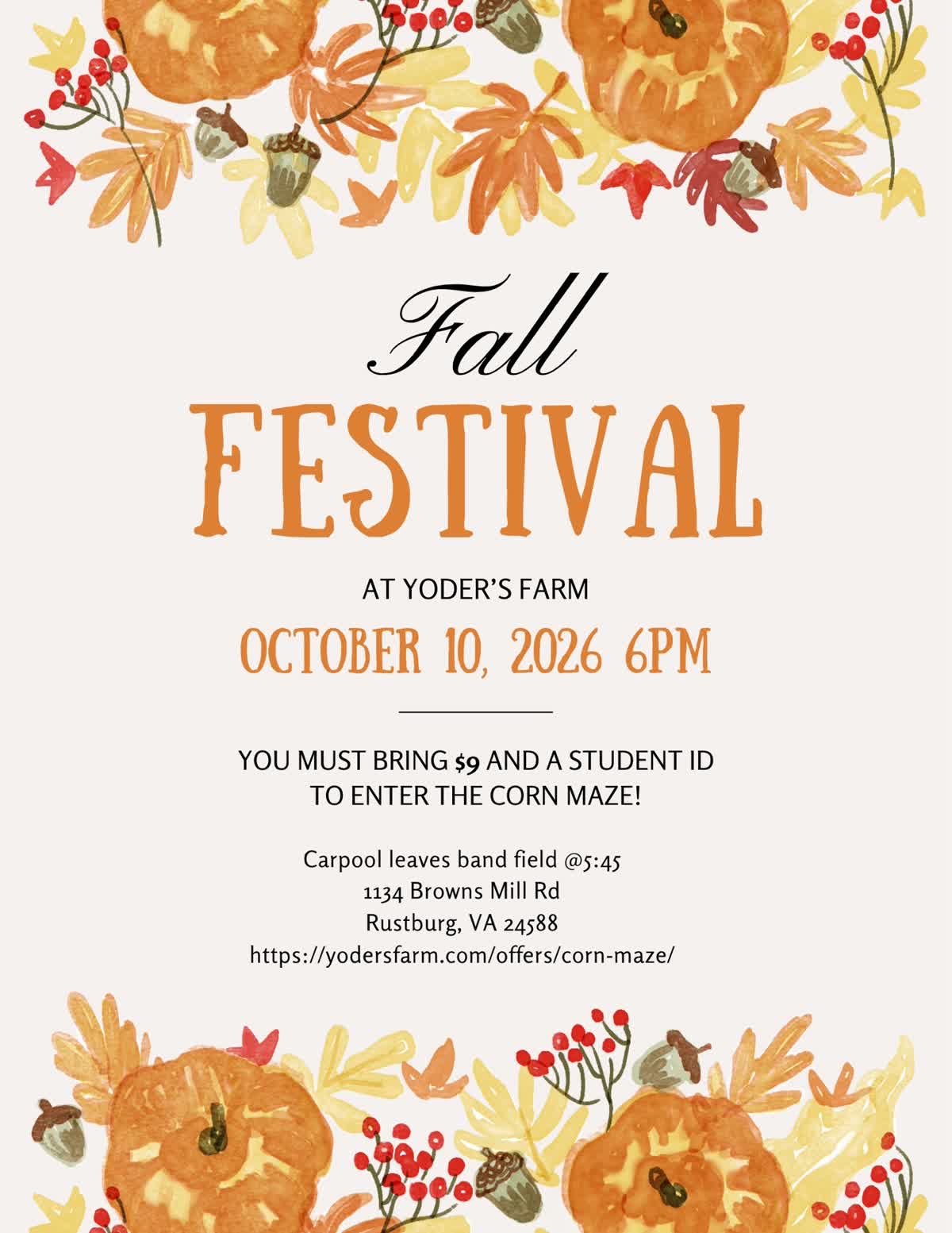 Fall Festival event flyer for Yoder's Farm on October 10, 2026, featuring a watercolor pumpkin