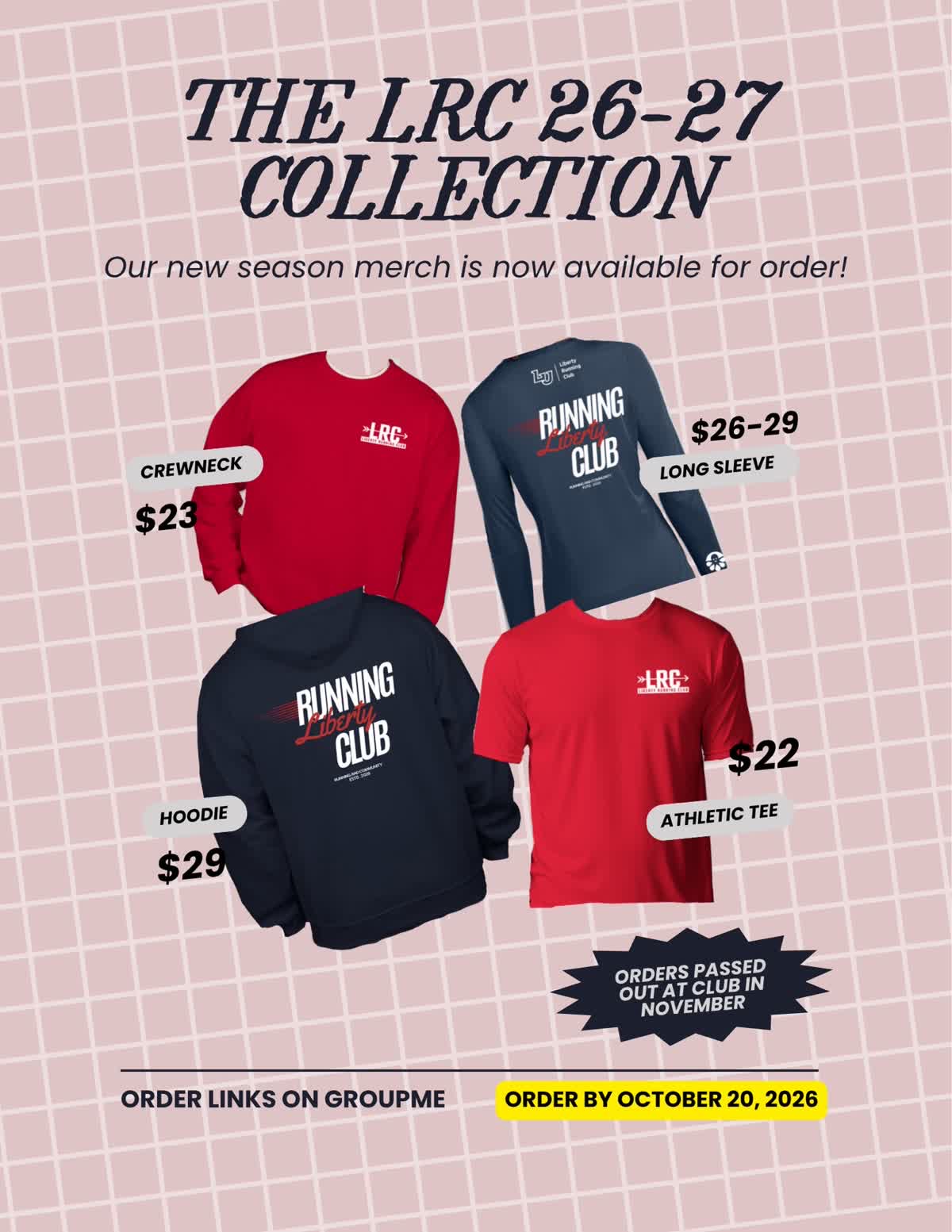 Promotional flyer for the Liberty Running Club 2026-2027 apparel collection featuring hoodies, crewnecks,