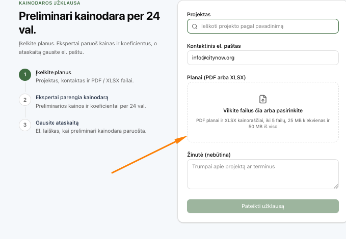 A form for submitting a preliminary pricing request, with fields for project name, email, and file upload.