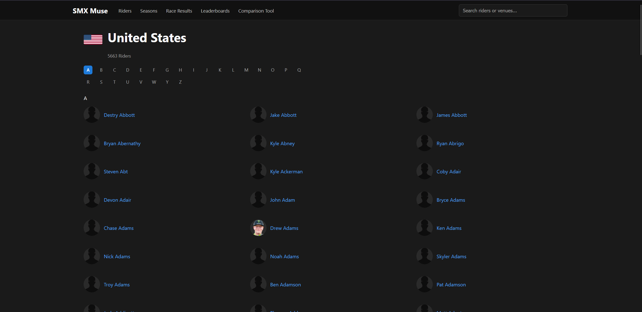 SMX Muse rider directory showing United States supercross and motocross athletes listed alphabetically by last name.
