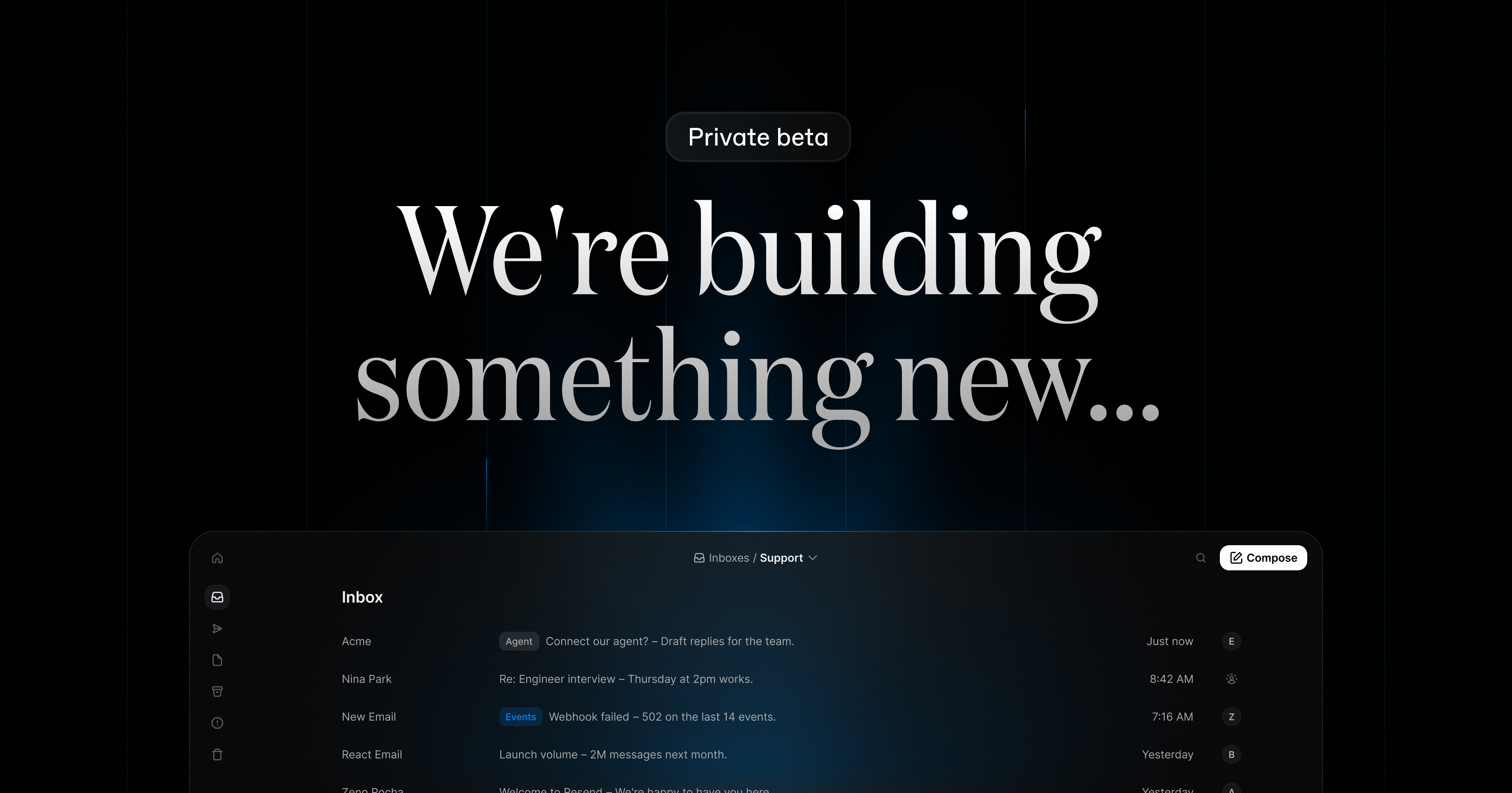 Dark-themed graphic for a private beta featuring large typographic text and a preview of an inbox user interface at the bottom.