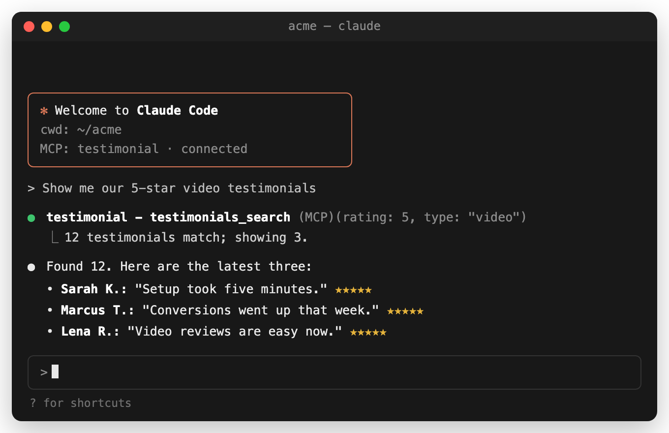 Terminal interface showing a Claude Code session querying and displaying five-star video testimonials via an MCP connection.