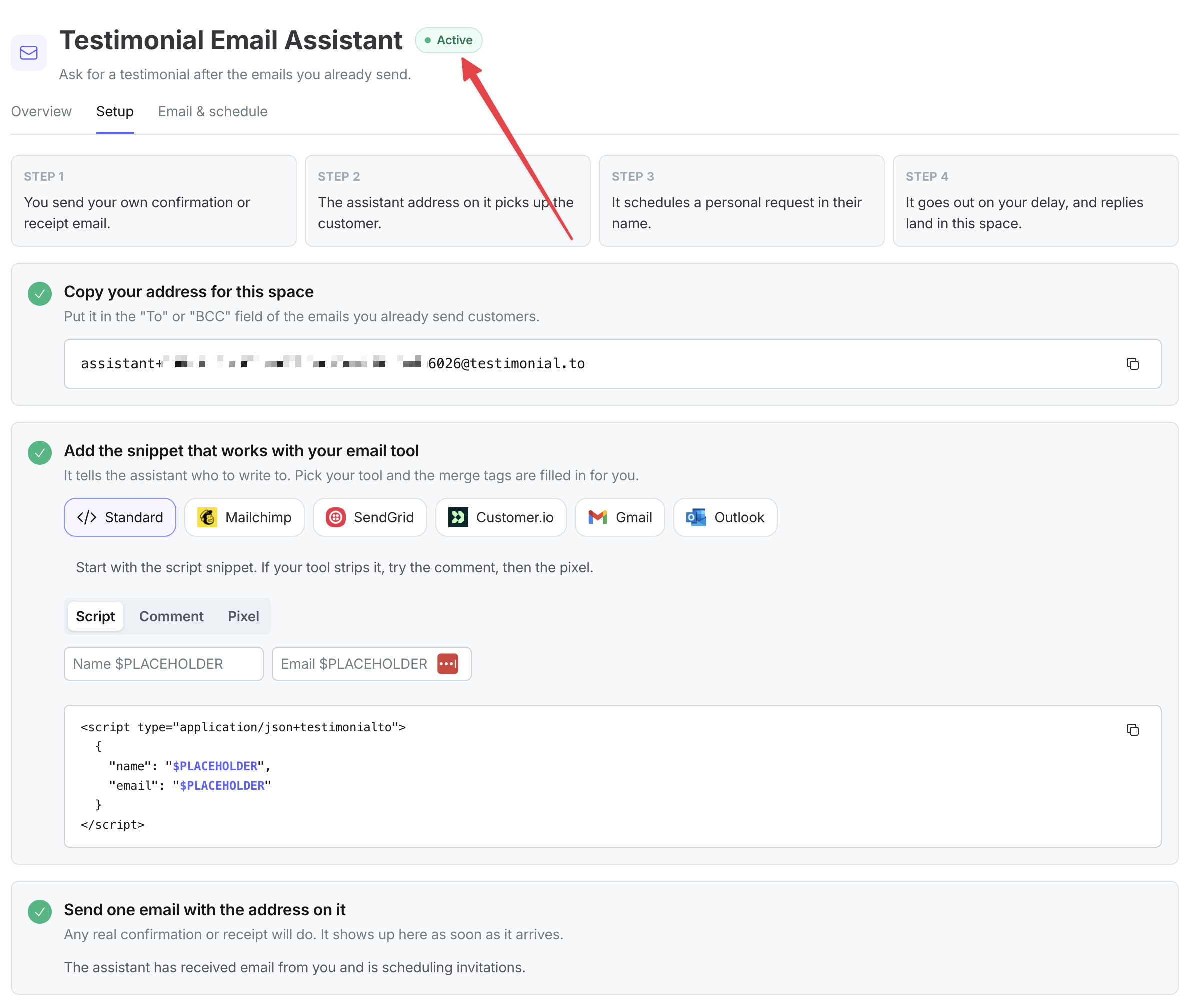 Dashboard interface of the Testimonial Email Assistant setup screen featuring a red arrow pointing to the active status indicator.