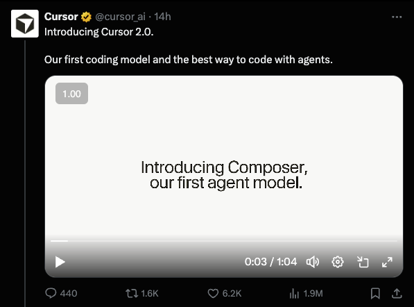 Cursor 2.0 launch video showing the introduction of Composer, their first agent model for coding