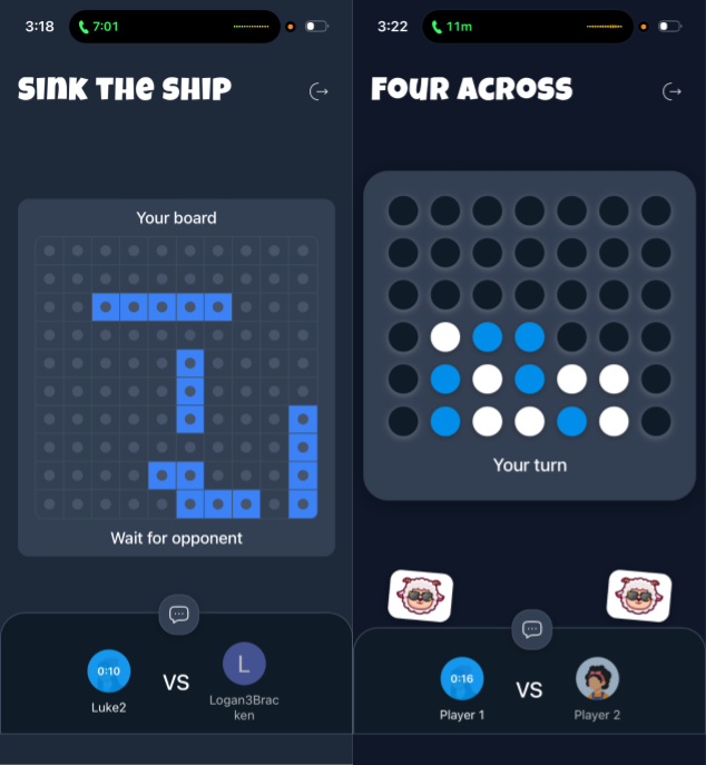 Testing Sink the Ship and Four‑Across