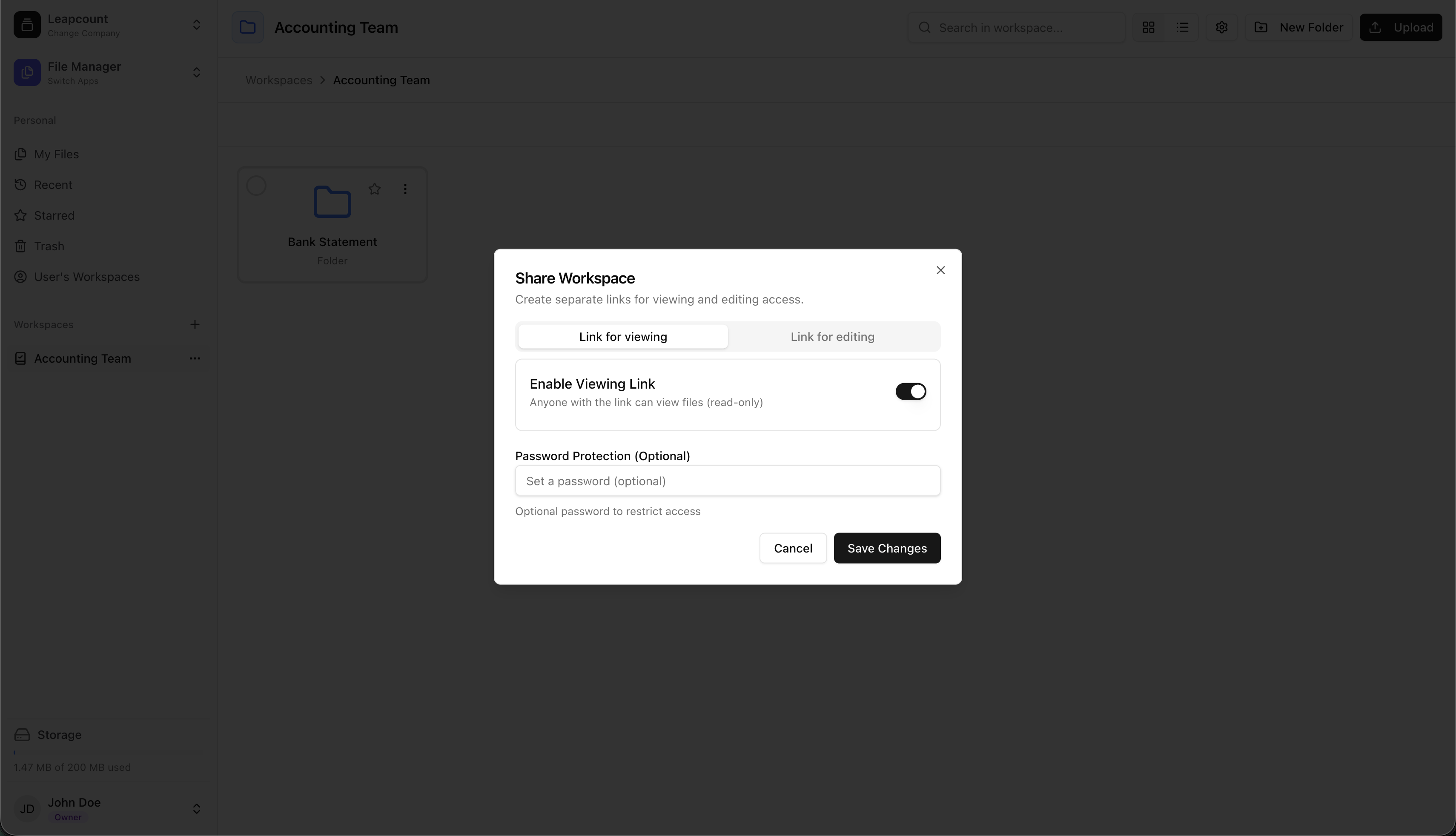 Workspace sharing dialog with options for viewing and editing link access, featuring a toggle for enabling viewing links and an optional password protection field.