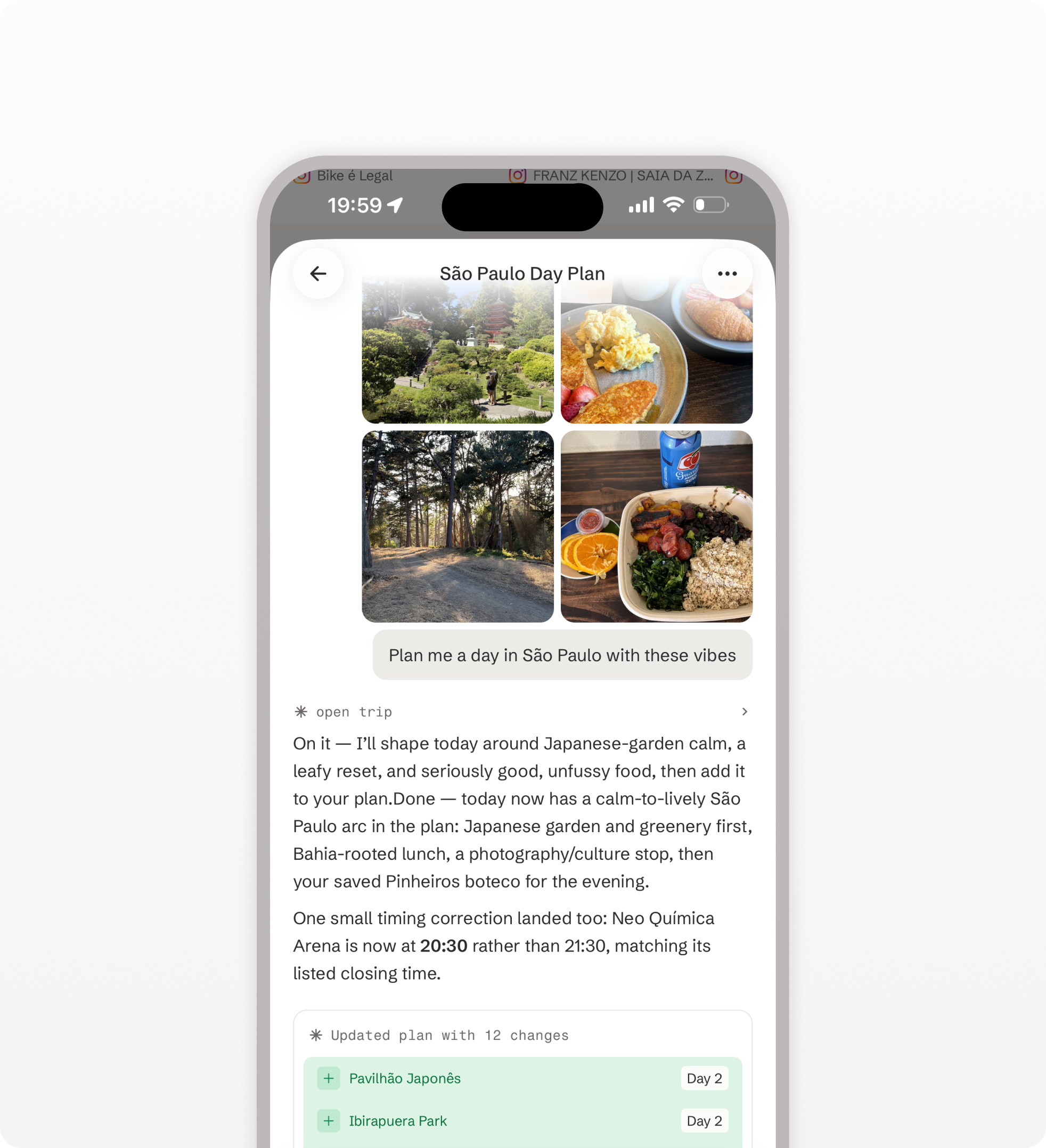 A phone screen displays a "São Paulo Day Plan" with four images: a Japanese garden, a breakfast spread, a tree-lined path, and