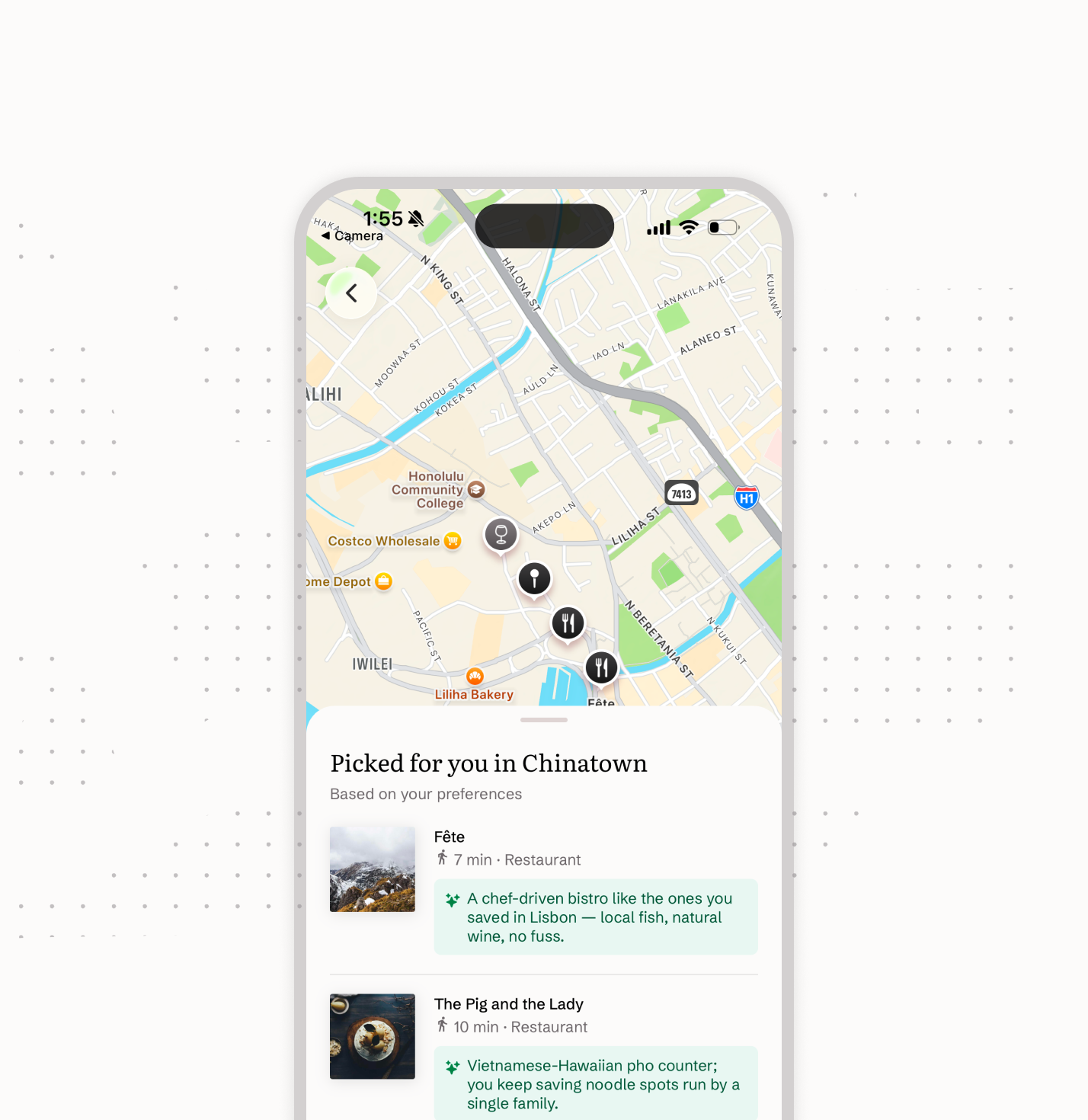 Smartphone displaying a map interface with recommended Chinatown restaurants and personalized notes.