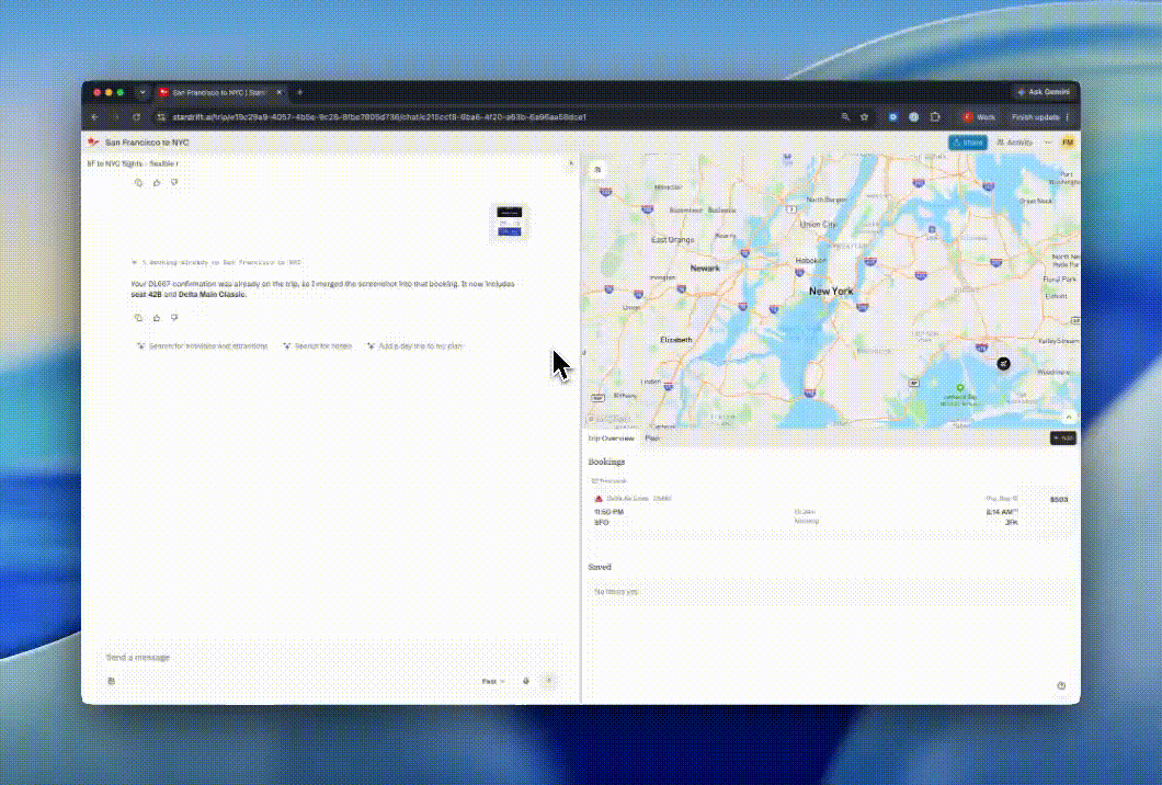 A screenshot shows a web browser displaying a Stardrift trip itinerary with a map of New York City and flight booking details.