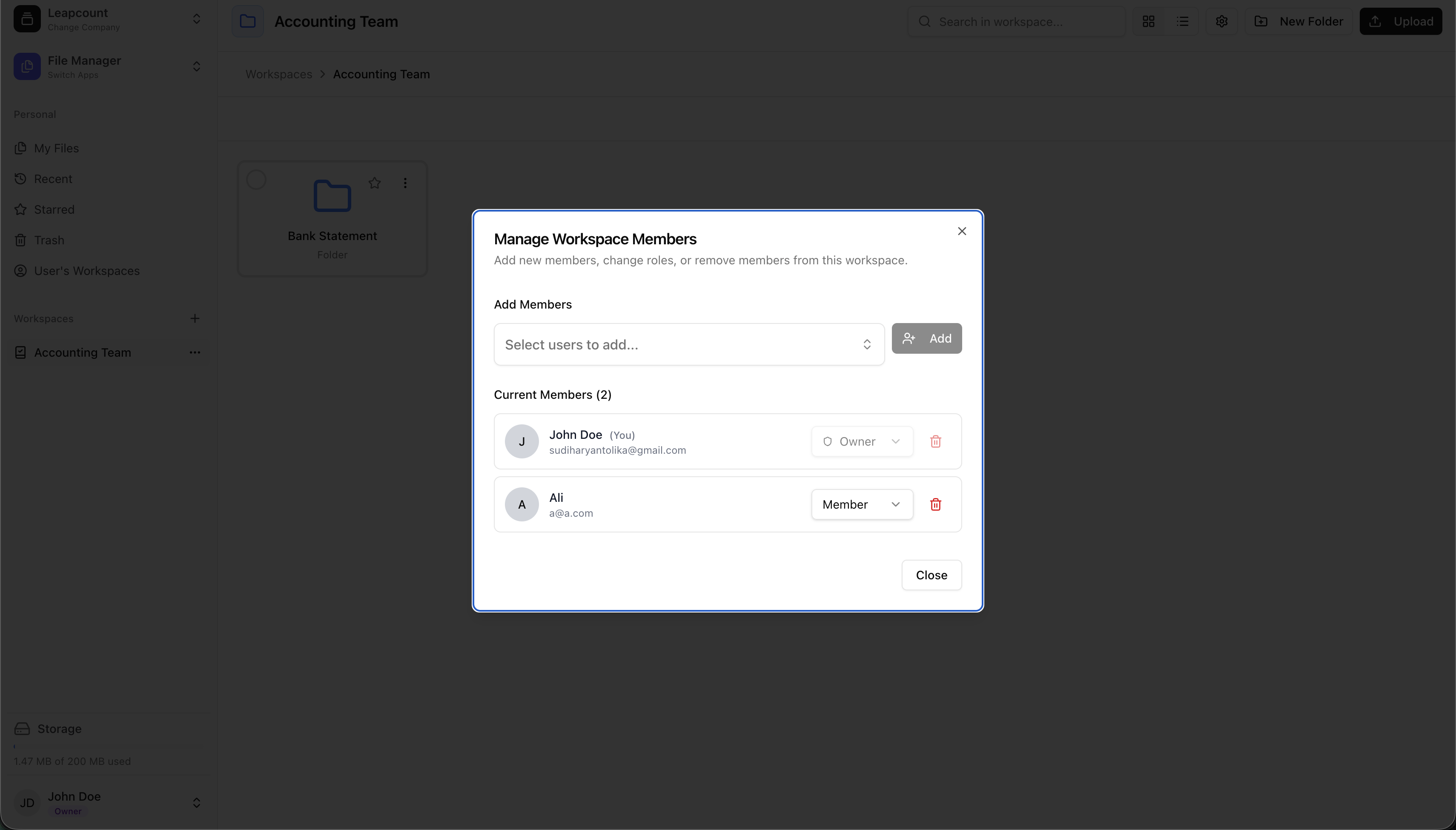 Workspace member management interface showing two current members with options to add or remove team members.