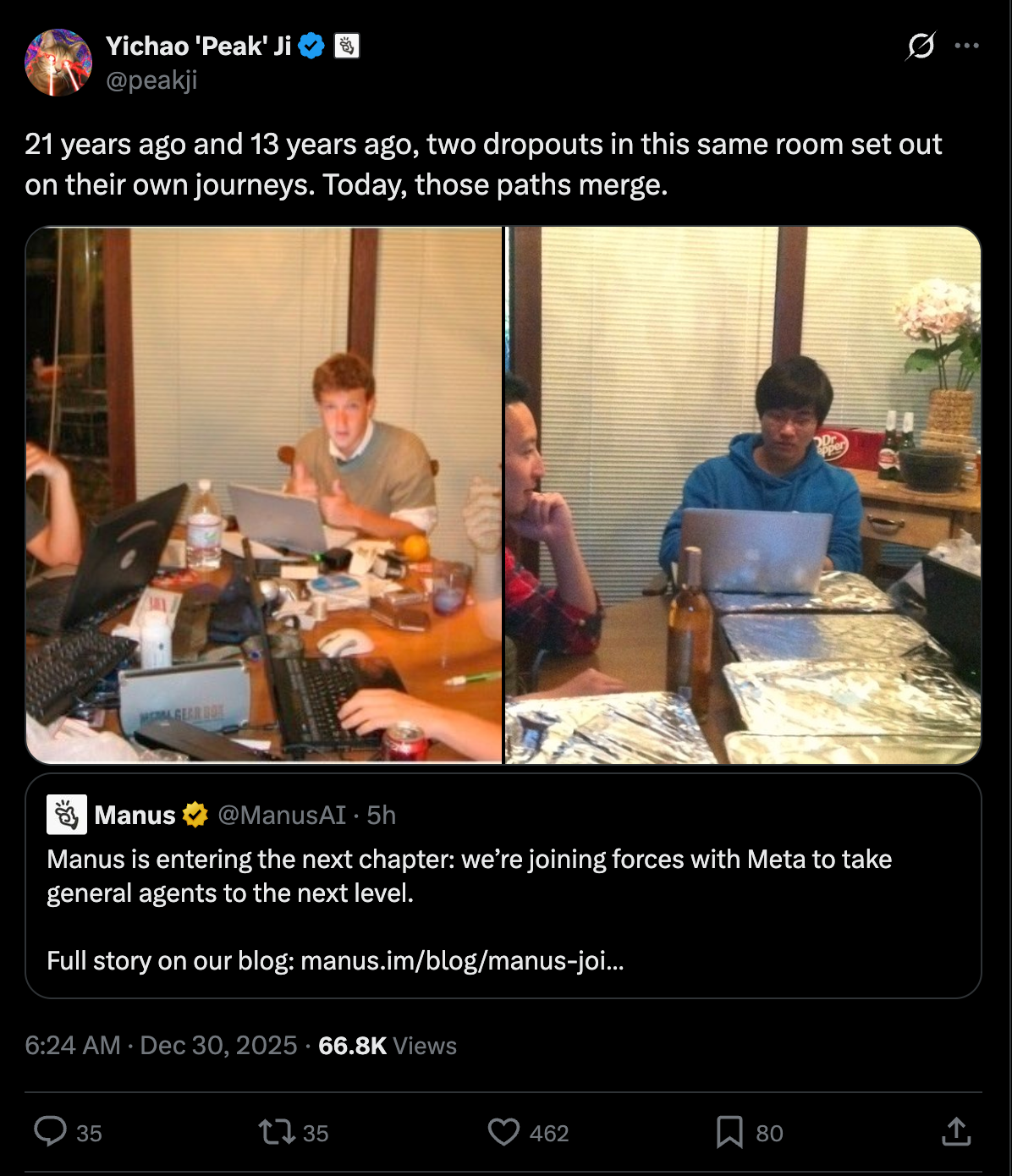 Two young entrepreneurs working on laptops in the same room at different points in time, symbolizing their parallel journeys converging.