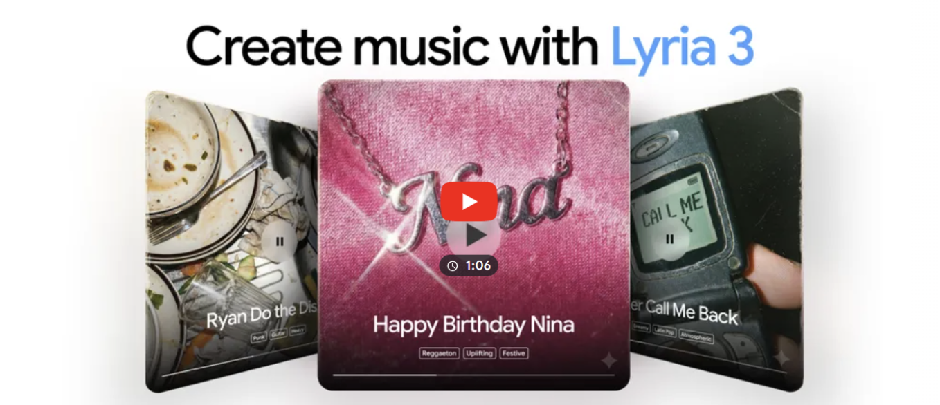 Promotional graphic showcasing Lyria 3 music generation tool with example song creations displayed on mobile devices.