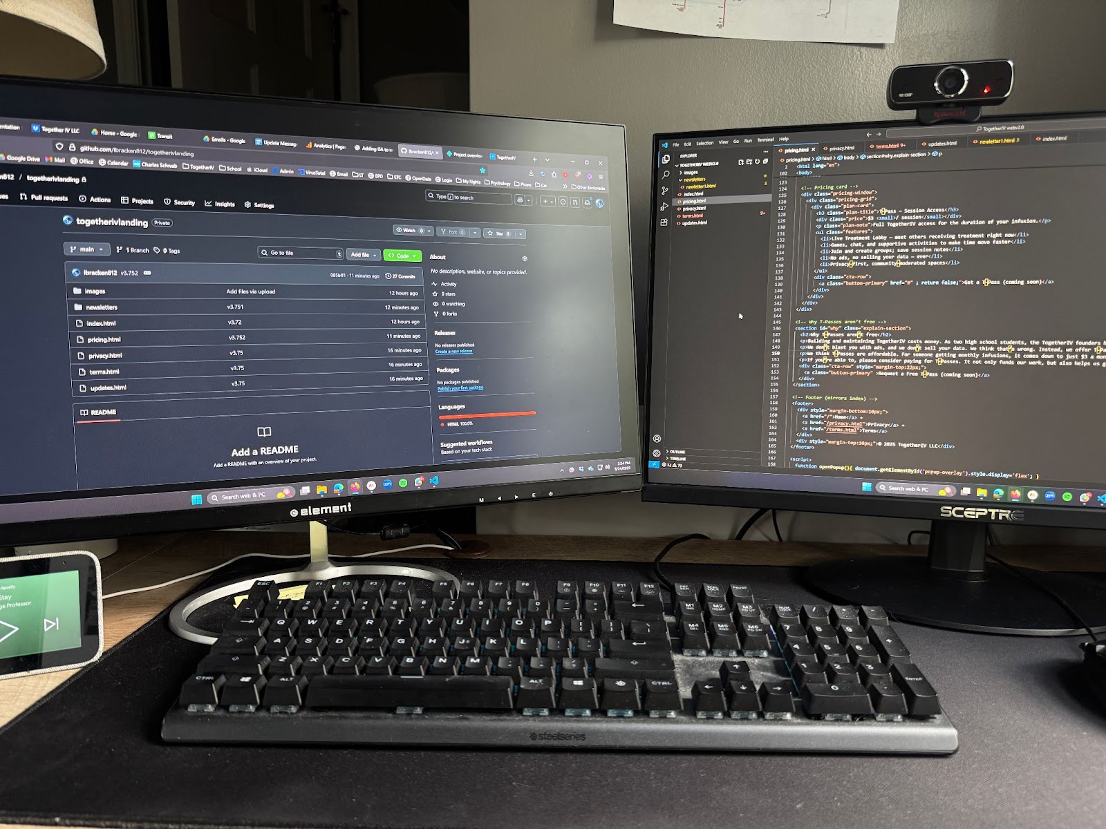 Logan’s at-home computer setup, coding TogetherIV’s website.